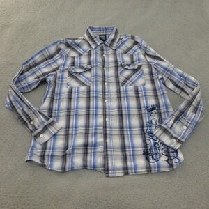 MMA Elite Shirt Mens Large Blue Plaid Graphic Button Up Vini Vidi Vici Y2K